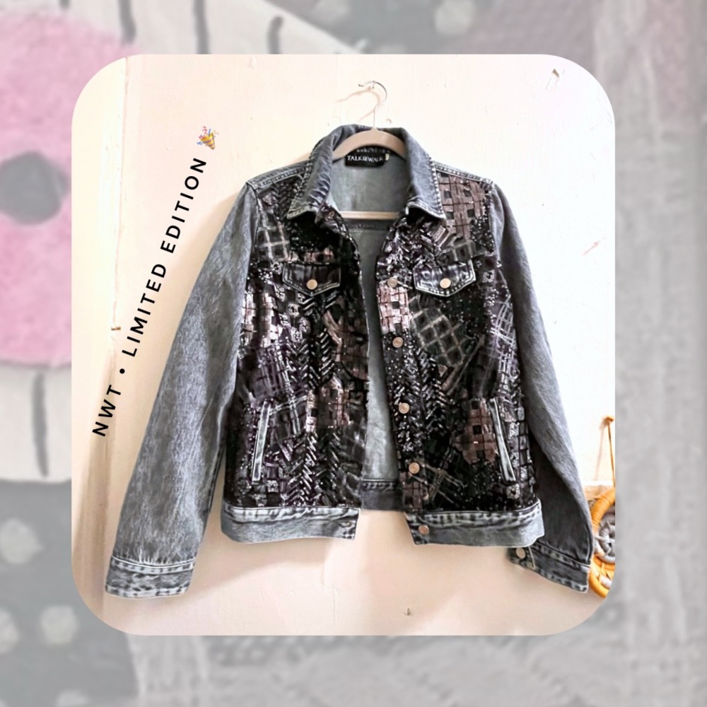 nwt ๐ denim moto jacket with abstract plaid sequins - Picture 2 of 16